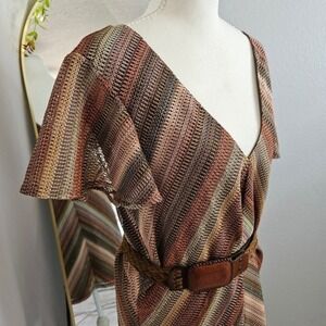 BCBGeneration Metallic Chevron Stripe Boho Flutter Sleeve Mini Dress M